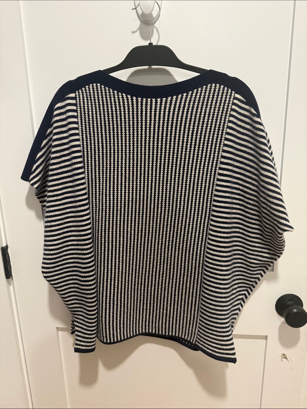 Club Monaco Navy and White Striped Short-Sleeve Cashmere Sweater